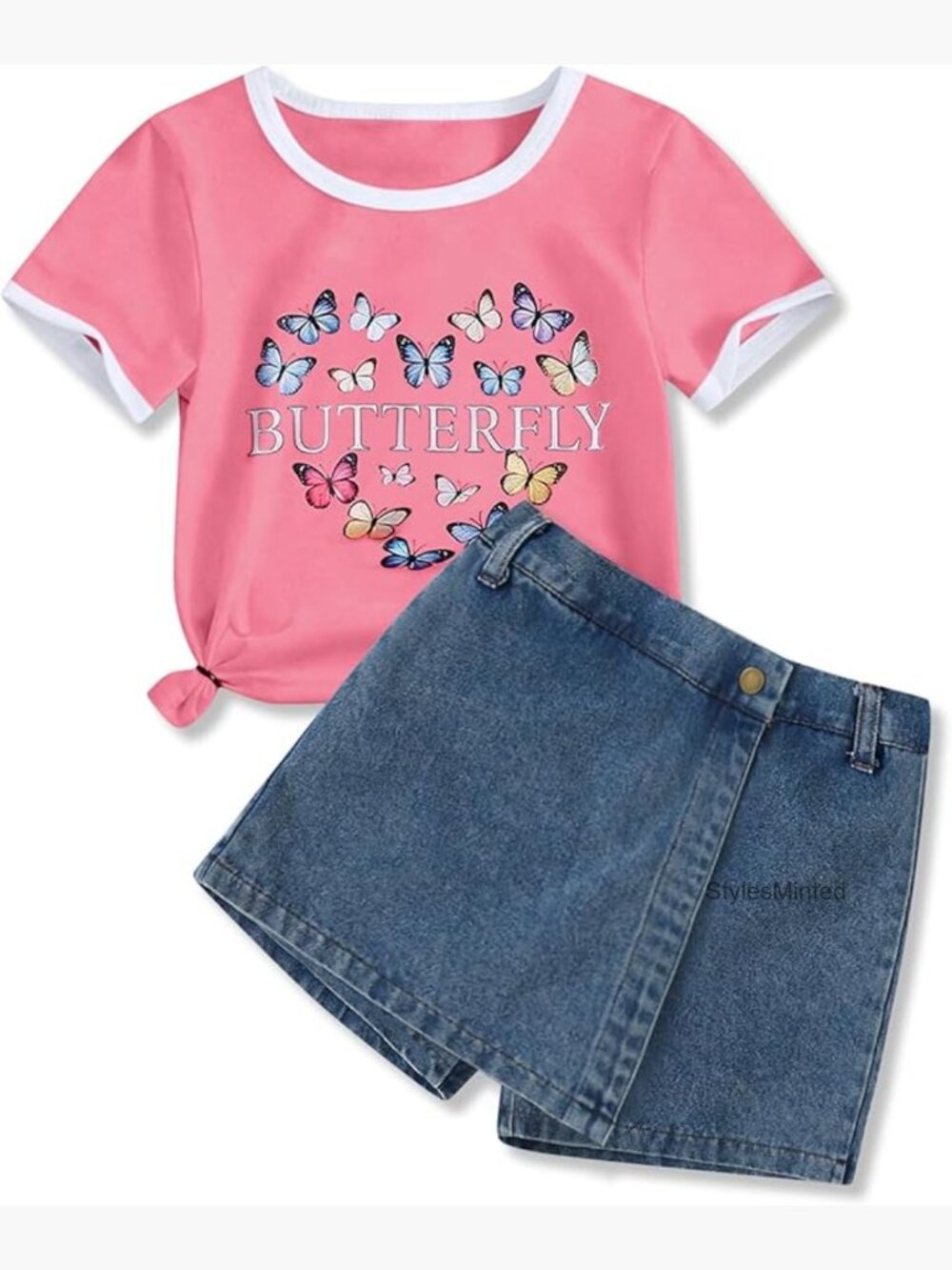 Butterfly Top & Denim Shorts Set Girls 5-13Y Summer Outfit